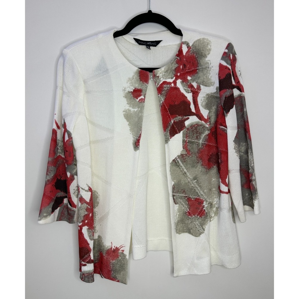 Ming Wang Floral Knit Jacket & Tank Top Set PS XS Red Off White Classy Mature - Picture 3 of 16